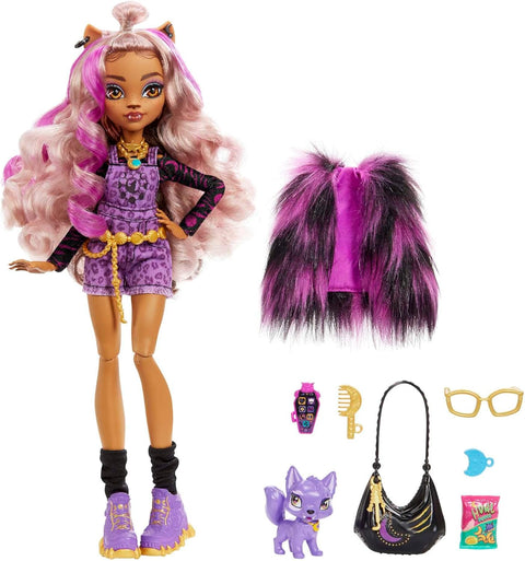 Monster High  Doll, Clawdeen Wolf  with Accessories and Pet Dog, Posable Fashion Doll with Purple Streaked Hair --دمية مونستر هاي، كلاودين وولف مع إكسسوارات وكلب أليف