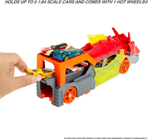 Hot Wheels  City Dragon Launch Transporter, Spits Toy Cars from its Mouth, Connects to Other Sets, Holds up to 5 Toy Vehicles, Includes 1 Hot Wheels , Gift for Kids 3 Years & Up--لعبة دراجون لانش ترانسبورتر من هوت ويلز