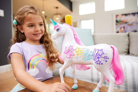 BARBIE DREAMTOPIA BRUSH N SPARKLE UNICORN --دمية يونيكورن باربي دريم توبيا براش آند سباركل مع أضواء وأصوات، باللون الأبيض مع ذيل وبدة وردية، هدية للأطفال من سن 3 إلى 7 سنوات