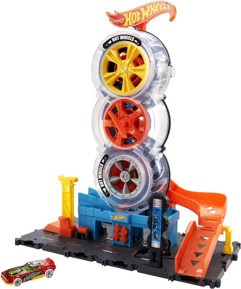 Hot Wheels  City Super Twist Tire Shop  Playset, Spin The Key To Make Cars Travel Through The Tires, Includes 1 Hot Wheels  Car, Gift For Kids 4 To 8 Years Old--ماتييل هوت ويلز سيتي سوبر تويست تاير شوب