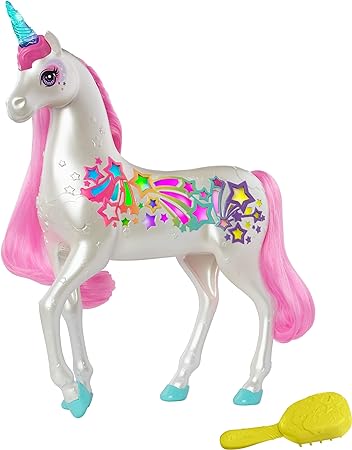 BARBIE DREAMTOPIA BRUSH N SPARKLE UNICORN --دمية يونيكورن باربي دريم توبيا براش آند سباركل مع أضواء وأصوات، باللون الأبيض مع ذيل وبدة وردية، هدية للأطفال من سن 3 إلى 7 سنوات