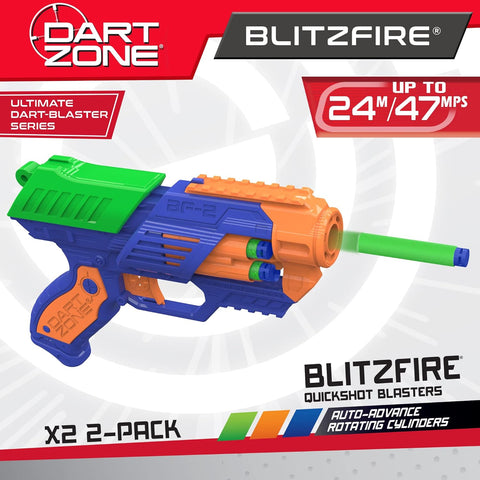 DART ZONE BLITZFIRE  QUICKSHOT BLASTERS X2 2-PACK--مسدسات بليتزفاير كويك شوت اكس 2 من دارت زون، قطعتان في العبوة