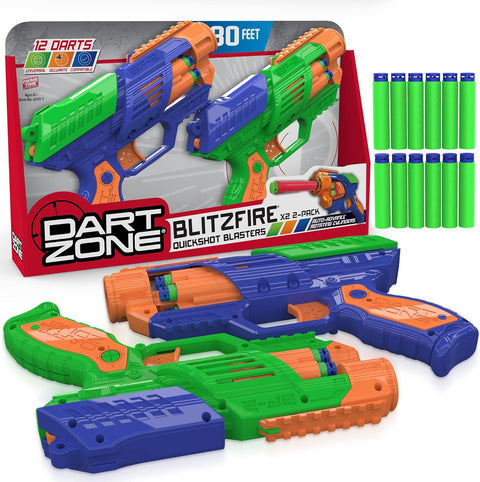 DART ZONE BLITZFIRE  QUICKSHOT BLASTERS X2 2-PACK--مسدسات بليتزفاير كويك شوت اكس 2 من دارت زون، قطعتان في العبوة