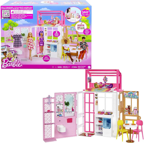 BARBIE DOLLHOUSE WITH 2 LEVELS AND 4 PLAY AREAS --بيت الدمية باربي مع مستويين و4 مناطق لعب، بيت باربي مفروش بالكامل مع جرو أليف وإكسسوارات، هدية للأطفال