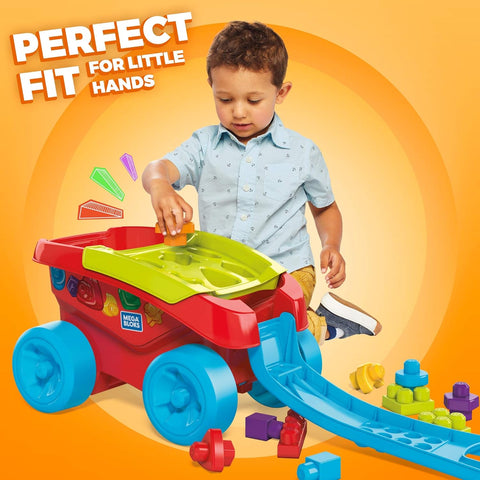 MEGA BLOKS® Shape Sorting Wagon building set with 1 wagon and 25 big building blocks, toy gift set for ages 1 and up-- مجموعة بناء عربة فرز الأشكال من ميجا بلوكس مع عربة واحدة و25 مكعب بناء كبير، مجموعة هدايا ألعاب للأطفال بعمر 1 سنة فما فوق