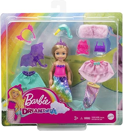 BARBIE DREAMTOPIA CHELSEA SET WITH 12 PCS --مجموعة دمية باربي دريم توبيا تشيلسي مع 12 قطعة أزياء مستوحاة من الأميرات وحوريات البحر ووحيد