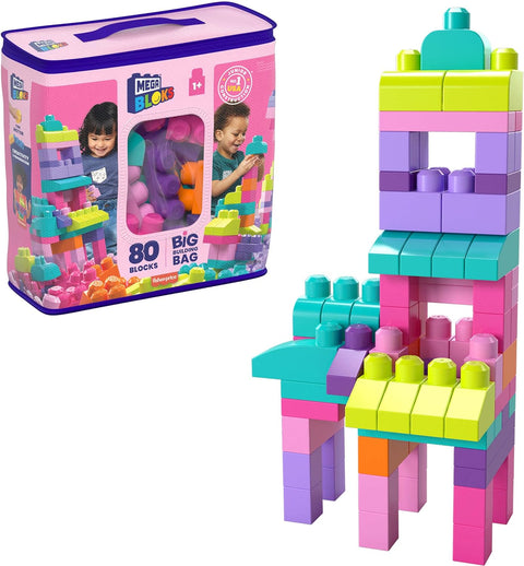 MEGA BLOKS Fisher-Price Toddler Block Toys, Big Building Bag with 80 Pieces and Storage Bag, Pink, Gift Ideas for Kids Age 1+ Years  -- ألعاب مكعبات البناء للأطفال الصغار من ميجا بلوكس فيشر برايس، حقيبة بناء كبيرة تحتوي على 80 قطعة