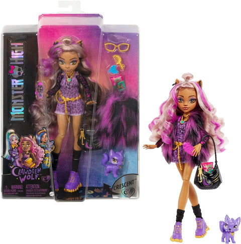 Monster High  Doll, Clawdeen Wolf  with Accessories and Pet Dog, Posable Fashion Doll with Purple Streaked Hair --دمية مونستر هاي، كلاودين وولف مع إكسسوارات وكلب أليف