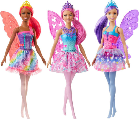 BARBIE DREAMTOPIA FAIRY DOLLS GJJ98--دمى باربي دريم توبيا الجنية ذات الشعر الملون الزاهي، وتنورة قابلة للإزالة، وعصابة رأس وأجنحة